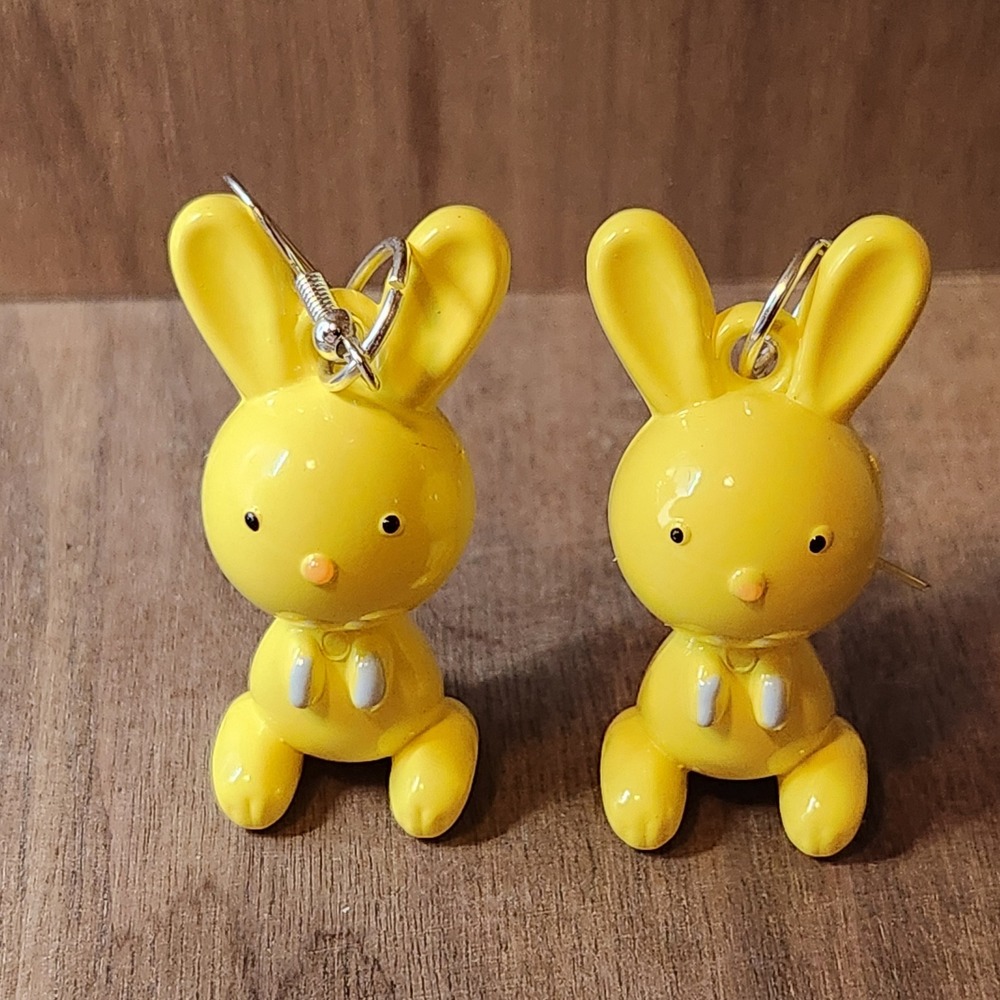 Yellow Bunny Rabbit Drop Earrings Glossy 3D Animal Figurine Handmade NEW